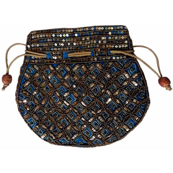 Potli Bag Clutch, Drawstring Purse Intricate Gold Thread & Sequin o_o - Picture 1 of 4
